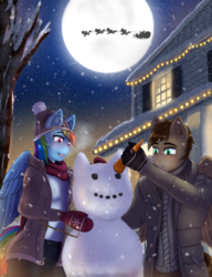 Size: 3500x4549 | Tagged: safe, artist:mintjuice, rainbow dash, oc, oc:paper trail, pegasus, anthro, g4, anthro oc, carrot, christmas, clothes, commission, female, food, garland, hat, holiday, house, lights, male, mare, mittens, moon, night, santa claus, scarf, snow, snowfall, snowman, stallion, stars, sweater, tree, window, winter, ych result