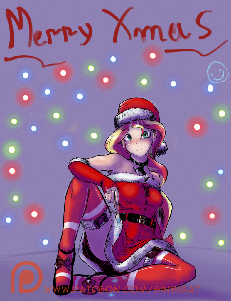 1911246 - safe, artist:sinsigat, sunset shimmer, human, g4, armpits,  christmas, christmas lights, clothes, costume, hat, holiday, humanized,  merry christmas, painting, patreon, patreon logo, santa costume, santa hat  - Derpibooru