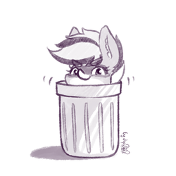 Size: 1024x1024 | Tagged: safe, artist:dsp2003, oc, oc:bandy cyoot, earth pony, pony, raccoon pony, female, mare, monochrome, signature, simple background, trash can, white background