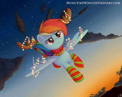 Size: 1920x1529 | Tagged: safe, artist:wavecipher, rainbow dash, pony, antlers, christmas, christmas lights, clothes, dusk, female, flying, holiday, mare, reindeer antlers, reindeer dash, socks, solo, striped socks