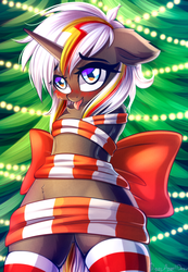 Size: 2624x3797 | Tagged: safe, alternate version, artist:chaosangeldesu, oc, oc only, oc:velvet remedy, pony, unicorn, semi-anthro, fallout equestria, :p, belly, bipedal, blushing, cheek fluff, chest fluff, christmas, christmas lights, christmas tree, clothes, commission, cute, ear fluff, female, floppy ears, gift wrapped, high res, holiday, hooves behind back, horn, mare, ocbetes, socks, solo, string lights, striped socks, tongue out, tree, unicorn oc, ych result