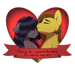 Size: 1382x1264 | Tagged: safe, artist:empaws, oc, oc only, oc:radiant star, oc:rune riddle, pony, anniversary, duo, heart, kissing, love, runestar, shy