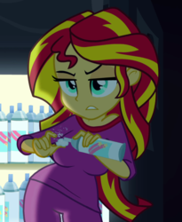 Size: 892x1090 | Tagged: safe, edit, edited screencap, editor:mlp-gft, screencap, sunset shimmer, equestria girls, g4, big breasts, breast edit, breasts, busty sunset shimmer, clothes, female, food, pajamas, plump, refrigerator, solo, thick, whipped cream, wide hips