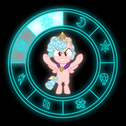 Size: 600x600 | Tagged: source needed, useless source url, safe, cozy glow, pegasus, pony, g4, animated, bill cipher, female, filly, gif, gravity falls, magic, magic circle, male, perfect loop, reference, solo, wheel of intrigue