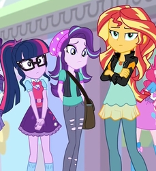 Size: 917x1002 | Tagged: safe, screencap, pinkie pie, rarity, sci-twi, starlight glimmer, sunset shimmer, twilight sparkle, equestria girls, equestria girls specials, g4, my little pony equestria girls: mirror magic, bag, beanie, bowtie, clothes, cropped, crossed arms, eyeshadow, female, frown, geode of empathy, geode of telekinesis, glasses, hands behind back, hat, jewelry, kneesocks, lidded eyes, looking at you, magical geodes, magical trio, makeup, messenger bag, necklace, offscreen character, ponytail, ripped pants, satchel, sci-twi outfits, skirt, socks, sunset shimmer is not amused, trio, trio female, trio focus, unamused, wide eyes, worried