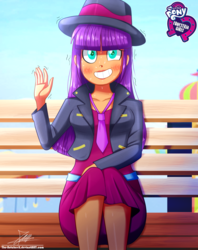 Size: 920x1160 | Tagged: safe, artist:the-butch-x, part of a set, ginger owlseye, equestria girls, g4, background human, bench, blushing, butch's hello, calarts, clothes, cute, equestria girls logo, fedora, female, grin, hat, jacket, looking at you, necktie, nervous, owlabetes, shaking, signature, sitting, sky, smiling, solo, sweat, trembling, waving