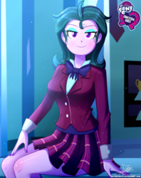 Size: 920x1160 | Tagged: safe, artist:the-butch-x, part of a set, zephyr, equestria girls, g4, my little pony equestria girls: friendship games, background human, blushing, bow, bowtie, breasts, butch's hello, clothes, crystal prep academy uniform, crystal prep shadowbolts, equestria girls logo, female, looking at you, nail polish, plaid skirt, pleated skirt, poster, school uniform, signature, sitting, skirt, smiling, solo, trophy