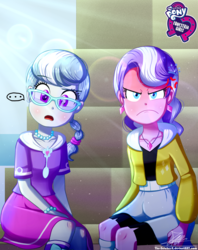 Size: 920x1160 | Tagged: safe, artist:the-butch-x, part of a set, diamond tiara, silver spoon, equestria girls, g4, ..., >:c, angry, butch's hello, clothes, collarbone, cross-popping veins, cute, duo, equestria girls logo, female, frown, glasses, jewelry, looking at you, my little pony logo, necklace, open mouth, sitting