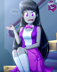 Size: 920x1160 | Tagged: safe, artist:the-butch-x, part of a set, octavia melody, equestria girls, ..., belt, blushing, bow, bowtie, breasts, busty octavia melody, butch's hello, canterlot high, clothes, collarbone, cute, cutie mark on clothes, disgruntled, dress, equestria girls logo, female, hello, hello x, indoors, kneesocks, legs, logo, long hair, looking at you, my little pony logo, open mouth, raised eyebrow, signature, sitting, skirt, sleeveless, socks, solo, speech bubble, staircase, stairs, treble clef, vest