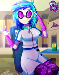Size: 920x1160 | Tagged: safe, artist:the-butch-x, part of a set, dj pon-3, vinyl scratch, equestria girls, g4, breasts, busty vinyl scratch, butch's hello, cafeteria, canterlot high, chair, clothes, cute, drinking straw, equestria girls logo, female, fingerless gloves, glasses, gloves, headphones, jacket, juice, juice box, leggings, looking at you, my little pony logo, signature, sitting, skirt, smiling, solo, straw, table, vinyl's glasses, waving