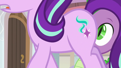 Size: 1280x720 | Tagged: safe, screencap, spike, starlight glimmer, dragon, pony, unicorn, a matter of principals, g4, cutie mark, duo, eyes on the prize, female, looking at butt, mare, out of context