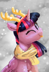 Size: 1187x1740 | Tagged: safe, artist:pucksterv, twilight sparkle, alicorn, pony, g4, :p, antlers, bust, christmas, clothes, female, folded wings, holiday, looking at you, looking sideways, mare, one eye closed, portrait, reindeer antlers, scarf, silly, snow, snowfall, solo, three quarter view, tongue out, twilight sparkle (alicorn), wings, wink