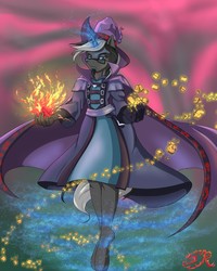 Size: 1024x1280 | Tagged: safe, artist:swiftriff, oc, oc:silent dawn, unicorn, anthro, clothes, fire, glasses, glowing horn, horn, levitation, magic, magician, magician outfit, pyromancy, rock, telekinesis