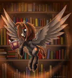 Size: 1522x1638 | Tagged: safe, artist:kotya-ra, oc, oc only, oc:autumn zazush, pegasus, pony, book, bookshelf, solo