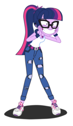 Size: 3871x6734 | Tagged: safe, artist:metaldudepl666, sci-twi, twilight sparkle, human, equestria girls, equestria girls specials, g4, my little pony equestria girls: movie magic, alternate clothes, clothes, digital art, excited, excited twilight meme, fetish, glasses, jeans, pants, ponytail, remake, ripped pants, shoes, sleeveless, sneakers, sneakers fetish, tank top, tomboy