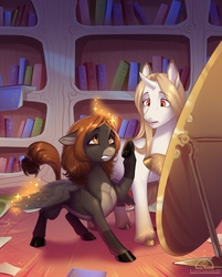 Size: 1446x1800 | Tagged: safe, artist:ladychimaera, oc, oc only, oc:autumn zazush, pegasus, pony, unicorn, book, bookshelf, duo, frog (hoof), library, looking up, mirror, race swap, transformation, underhoof, unshorn fetlocks