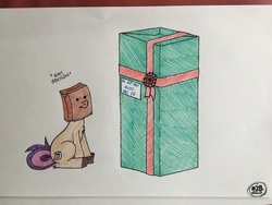 Size: 4032x3024 | Tagged: safe, artist:gtx, oc, oc only, oc:paper bag, earth pony, pony, christmas presents, descriptive noise, female, heavy breathing, paper bag, solo, traditional art