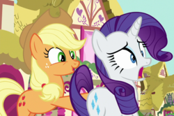 Size: 1085x720 | Tagged: safe, screencap, applejack, rarity, earth pony, pony, unicorn, g4, yakity-sax, butt touch, context is for the weak, cropped, female, hoof on butt, mare, open mouth, pushing, rump push