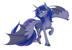 Size: 595x420 | Tagged: safe, artist:basykail, oc, oc only, alicorn, bat pony, bat pony alicorn, pony, alicorn oc, bat ears, bat wings, cutie mark, ethereal mane, fangs, female, hybrid wings, mare, one eye closed, simple background, solo, spread wings, transparent background, wing claws, wings, wink