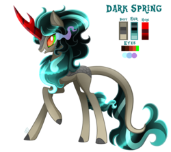 Size: 2422x2160 | Tagged: safe, artist:sugaryicecreammlp, oc, oc only, oc:dark spring, hybrid, pony, curved horn, female, grin, high res, horn, offspring, parent:king sombra, parent:rain shine, raised hoof, reference sheet, simple background, smiling, solo, sombra eyes, transparent background
