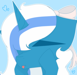 Size: 1883x1821 | Tagged: safe, artist:meiinuchan-nn, oc, oc only, oc:fleurbelle, alicorn, pony, :p, alicorn oc, blue background, bow, eyes closed, female, hair bow, heart, hoof on cheek, horn, mare, outline, silly, simple background, solo, tongue out