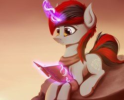 Size: 1280x1034 | Tagged: source needed, safe, artist:apostolllll, oc, oc only, pony, unicorn, book, clothes, curved horn, horn, magic, male, prone, reading, scarf, solo, stallion, telekinesis