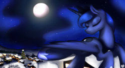 Size: 1970x1080 | Tagged: safe, artist:sugar morning, derpibooru exclusive, princess luna, alicorn, pony, g4, christmas, christmas tree, eyes closed, female, flying, happy hearth's warming, hearth's warming, hearth's warming eve, holiday, luna's day, mare, merry christmas, moon, night, scenery, snow, solo, stars, tree, village, wallpaper, winter, winter solstice