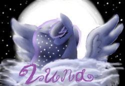 Size: 4823x3319 | Tagged: safe, artist:mr100dragon100, princess luna, alicorn, pony, g4, cloud, eyes closed, female, mare, moon, night, solo, spread wings, stars, text, wings