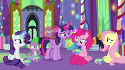 Size: 1280x720 | Tagged: safe, screencap, fluttershy, pinkie pie, rarity, spike, twilight sparkle, alicorn, dragon, earth pony, pegasus, pony, unicorn, g4, my little pony best gift ever, bowl, female, food, magic, magic aura, male, mare, pudding, puddinghead's pudding, spoon, telekinesis, twilight sparkle (alicorn), twilight's castle, winged spike, wings