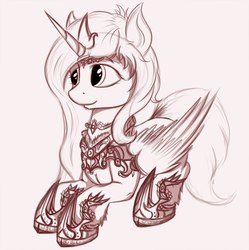 Size: 2152x2160 | Tagged: source needed, safe, artist:apostolllll, alicorn, pony, armor, crown, female, high res, hoof shoes, mare, monochrome, peytral, prone, regalia, sketch, smiling, solo