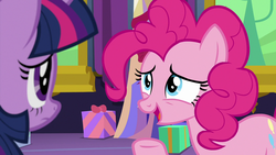Size: 1280x720 | Tagged: safe, screencap, pinkie pie, twilight sparkle, alicorn, earth pony, pony, g4, my little pony best gift ever, female, mare, open mouth, solo focus, twilight sparkle (alicorn)