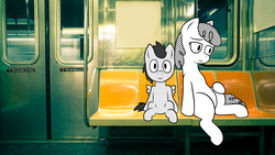 Size: 1920x1080 | Tagged: safe, artist:scraggleman, pony, background pony, colt, female, food, irl, male, mare, misleading thumbnail, monochrome, mother and son, photo, ponies in real life, story included, story:lost and found, subway