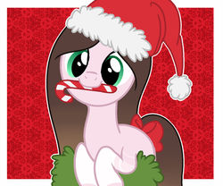 Size: 1024x850 | Tagged: safe, artist:cindystarlight, oc, oc only, oc:cindy, earth pony, pony, candy, candy cane, christmas, female, food, hat, holiday, mare, santa hat, solo