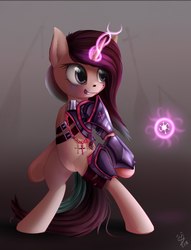 Size: 1654x2160 | Tagged: source needed, safe, artist:apostolllll, oc, oc only, unicorn, semi-anthro, arm hooves, armor, cross, female, glowing horn, grin, horn, magic, mare, smiling, solo