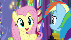 Size: 1280x720 | Tagged: safe, screencap, fluttershy, rainbow dash, pegasus, pony, g4, my little pony best gift ever, cute, dashabetes, duo, female, looking at each other, mare, open mouth, raised hoof, shyabetes, smiling