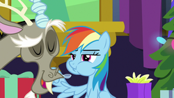 Size: 1280x720 | Tagged: safe, screencap, discord, rainbow dash, g4, my little pony best gift ever, spoon