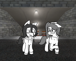 Size: 1280x1024 | Tagged: safe, artist:scraggleman, oc, oc only, oc:floor bored, oc:taku, pony, clothes, concerned, floppy ears, food, glasses, hoodie, metro, monochrome, monorail, raised hoof, story included, story:lost and found, subway