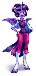 Size: 1928x3978 | Tagged: safe, artist:holivi, twilight sparkle, alicorn, anthro, unguligrade anthro, g4, alternate hairstyle, ascot, book, female, hair bun, hand on hip, legs, mare, simple background, smiling, smirk, solo, spats, spread wings, sweater vest, twilight sparkle (alicorn), unshorn fetlocks, white background, wings