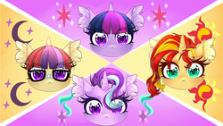 Size: 3265x1837 | Tagged: safe, artist:schokocream, moondancer, starlight glimmer, sunset shimmer, twilight sparkle, pony, unicorn, g4, bust, cutie mark background, ear fluff, female, mare