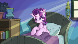 Size: 3840x2160 | Tagged: safe, artist:danli69, starlight glimmer, pony, unicorn, g4, bed, bed mane, bedroom, chest fluff, ear fluff, female, high res, lidded eyes, mare, messy mane, morning ponies, solo, starlight glimmer is not amused, starlight's room, unamused, waking up