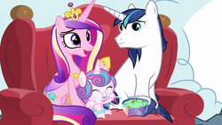 Size: 1280x720 | Tagged: safe, screencap, princess cadance, princess flurry heart, shining armor, g4, my little pony best gift ever, cheek bulge, concave belly, eating, food, hoof hold, physique difference, pudding, puddinghead's pudding, sitting, slender, spoon, thin