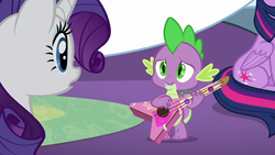 Size: 1280x720 | Tagged: safe, screencap, rarity, spike, twilight sparkle, alicorn, dragon, pony, unicorn, g4, my little pony best gift ever, female, guitar, male, mare, solo focus, trio, twilight sparkle (alicorn), winged spike, wings