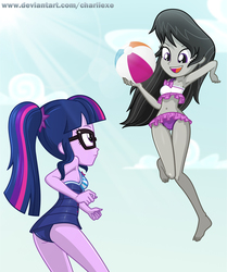 Size: 657x785 | Tagged: safe, artist:charliexe, octavia melody, sci-twi, twilight sparkle, equestria girls, equestria girls series, forgotten friendship, armpits, attached skirt, ball, barefoot, beach, beach ball, beach volleyball, belly button, blue swimsuit, bow swimsuit, clothes, cute, cutie mark swimsuit, duo, feet, female, frilled swimsuit, glasses, jewelry, jumping, legs, leotard, midriff, one-piece swimsuit, ponytail, purple swimsuit, regalia, sci-twi swimsuit, sci-twibutt, show accurate, skirt, sleeveless, sports, striped swimsuit, summer, summertime, sun, sunshine, swimsuit, tavibetes, tricolor swimsuit, twiabetes, twibutt, volleyball