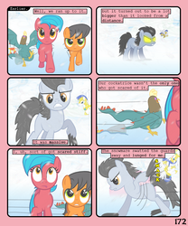 Size: 900x1080 | Tagged: safe, artist:lister-of-smeg, oc, oc:crosspatch, oc:lazybug, oc:scavenger (lister-of-smeg), cockatrice, earth pony, pony, comic:crystal heart attack, abominable snowman, colt, female, male, mare, royal guard