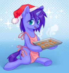 Size: 1265x1354 | Tagged: safe, artist:ls_skylight, oc, oc only, oc:seafood dinner, pony, unicorn, apron, christmas, clothes, cookie, food, hat, holiday, open mouth, santa hat, sitting, snack, underhoof
