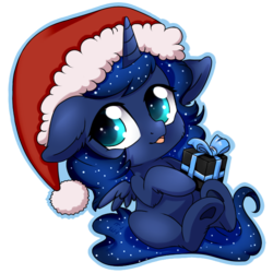 Size: 688x688 | Tagged: safe, artist:tokokami, princess luna, alicorn, pony, g4, chibi, christmas, cute, female, hat, holiday, lunabetes, mare, present, santa hat, solo