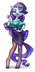 Size: 1928x3978 | Tagged: safe, artist:holivi, rarity, unicorn, anthro, g4, blouse, clothes, female, legs, mare, pantyhose, puffy sleeves, side slit, simple background, skirt, solo, white background