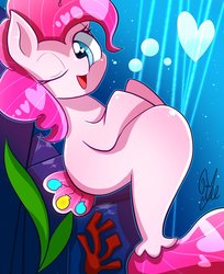 Size: 1260x1547 | Tagged: safe, artist:yuyutsuka_0130, pinkie pie, earth pony, pony, seapony (g4), g4, blue eyes, female, mare, one eye closed, one small thing, seaponified, seapony pinkie pie, signature, solo, species swap, underwater, water, wink