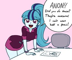 Size: 1600x1344 | Tagged: safe, artist:rileyav, sonata dusk, equestria girls, g4, my little pony equestria girls: rainbow rocks, blushing, cute, female, implied anon, looking at you, ponytail, solo, sonatabetes, spiked wristband, talking to viewer, wholesome, wide hips, wristband