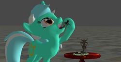 Size: 1366x705 | Tagged: safe, artist:lol im a pumpkin, lyra heartstrings, pony, spider, unicorn, g4, 3d, eating, female, mare, ponies eating bugs, source filmmaker, table, vore, xnalara